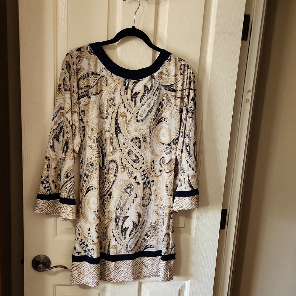 Navy, Tan And Cream Analili Paisley Patterned Tunic Dress Sz S